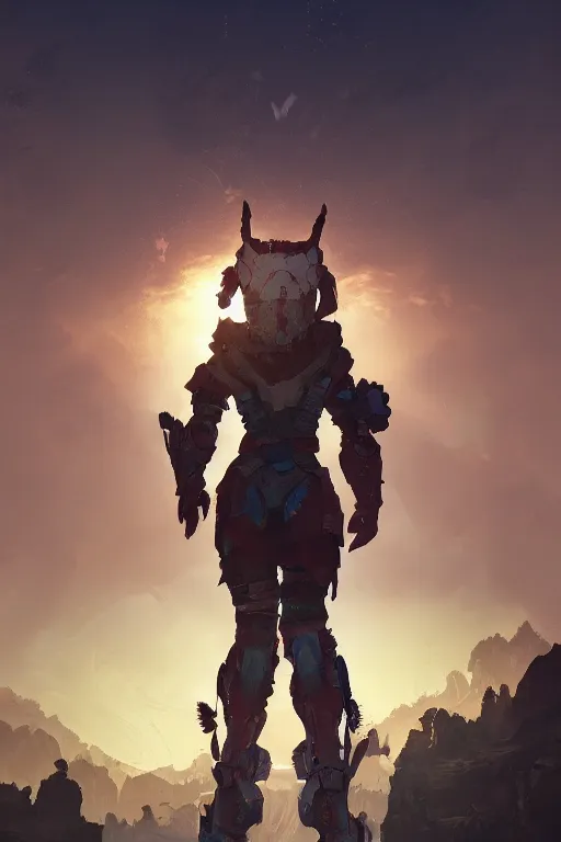 Image similar to combination suit armor aloy horizon forbidden west horizon zero dawn radiating a glowing aura global illumination ray tracing hdr fanart arstation by ian pesty and alena aenami artworks in 4 k tribal robot ninja mask helmet backpack