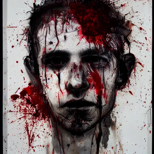 Prompt: matte portrait of a depressed young man covered in dirt and blood, by Antony Micallef by Ashley Wood