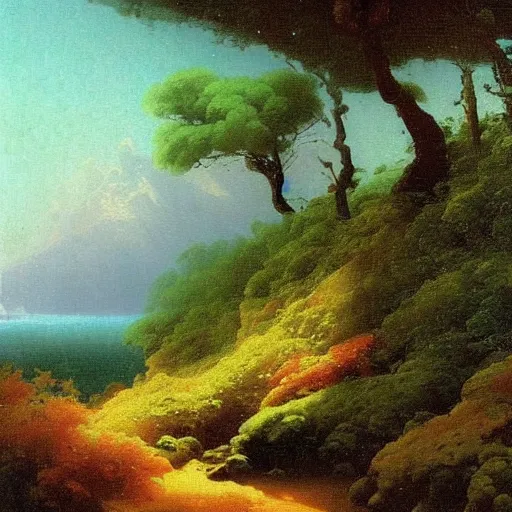 Image similar to painting of a lush natural scene on an alien planet by ivan aivazovsky. beautiful landscape. weird vegetation. cliffs and water.