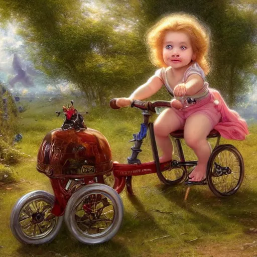 Image similar to a little hamster riding a tricycle, Lilia Alvarado, Sophie Anderson, Mark Arian, Bob Byerley, Charlie Bowater, Mark Brooks, Steve Henderson, Justin Gerard, Arthur Hughes, Edward Robert Hughes, Mark Keathley, Victor Nizovtsev, Carlos Shwabe, Ross Tran, WLOP