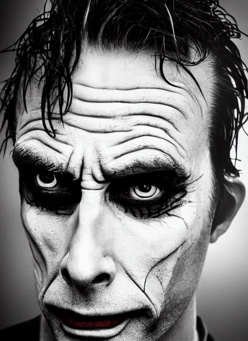 Prompt: photo of David Tennant as the Joker by Lee Jeffries and Eolo Perfido, head shot, detailed, award winning, Sony a7R, trending on artstation