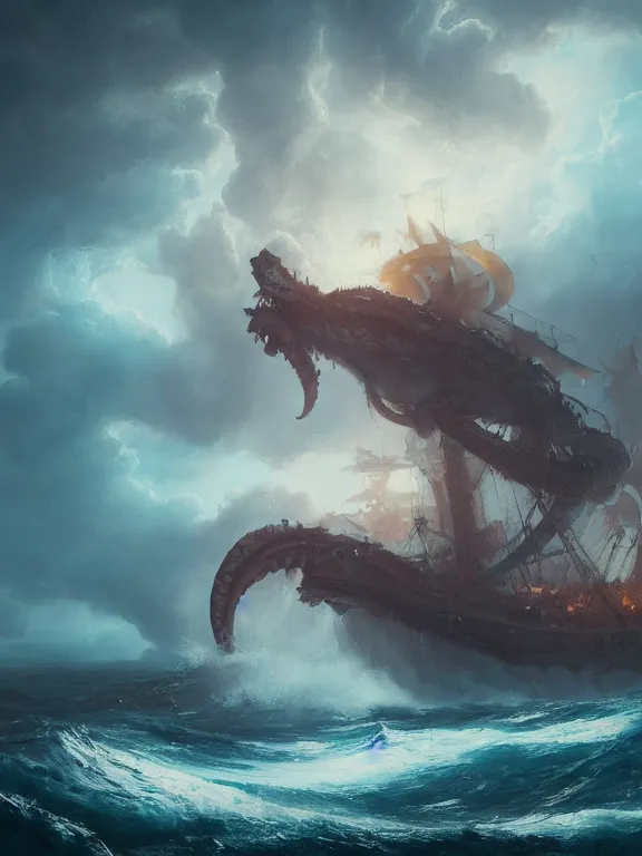 Image similar to photo of 8k ultra realistic kraken fighting pirate ship at sea, heavy storm, raging waves, full of colour, cinematic lighting, battered, trending on artstation, 4k, hyperrealistic, focused, extreme details,unreal engine 5, cinematic, masterpiece, art by Peter Mohrbacher