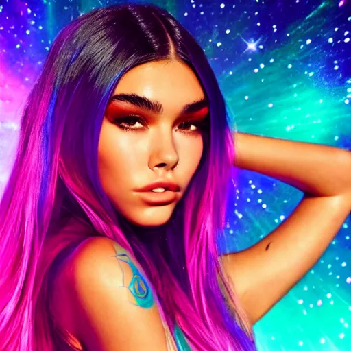 Image similar to madison beer a an intergalactic popstar dancing on a planet, render, blender render, unity render, 4 k wallpaper, art station trending, artstation 4 k coherent, coherent, 4 k, detailed, hyperdetailed, artifact - free, completely coherent, sharp, madison beer