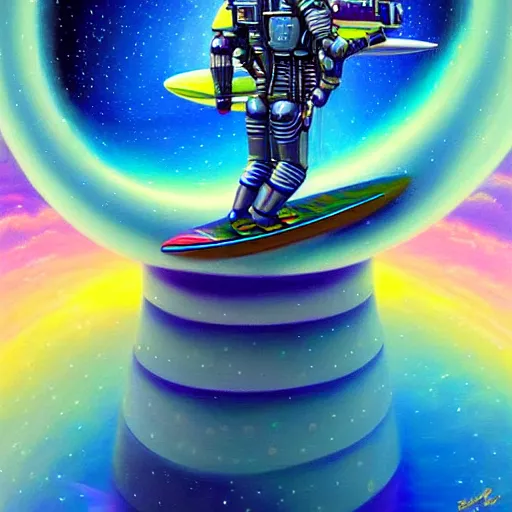 Image similar to cool bismuth mech spaceman surfing the milkyway, isometric scifi astral spirit space journey in oil painting, pulled into the spiral vortex, trending on artstation, award winning, emotional, highly detailed ethereal isometric surrealist art