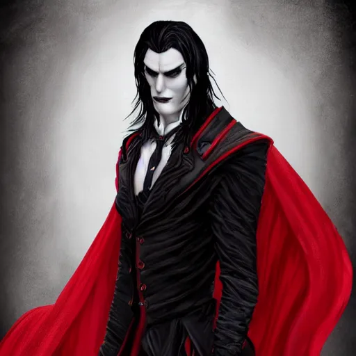 Image similar to a vampire, male, mid - 3 0 s aged, long, slicked black hair, clean shaven, in red and black, regal, high fantasy, realistic, highly detailed, full body shot, concept art, 8 k.