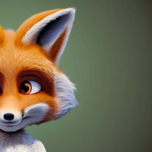 Image similar to upper half portrait of a anthropomorphic female fox with short white fur covering her body in the style of zootopia, top down view, centered on face, white fur, white skin