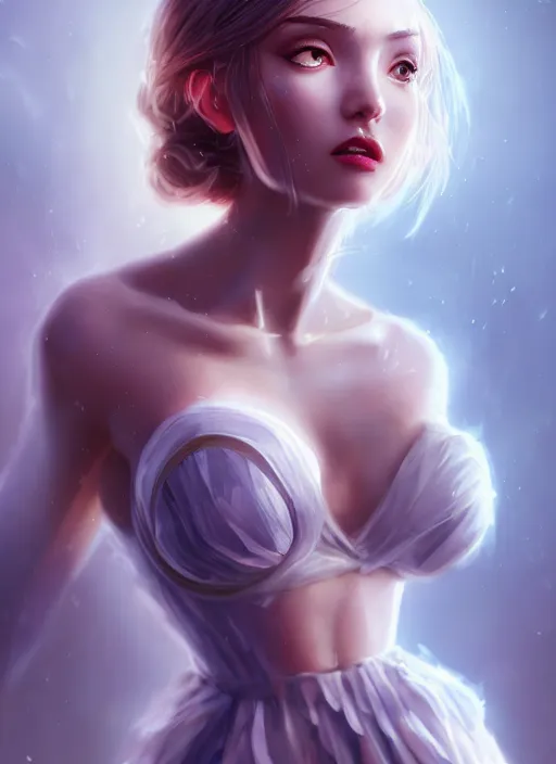 Image similar to beautiful fashion goddness, strapless dress, character portrait in the style of thomas river and artgerm, wlop, cinematic lighting, hyperdetailed, 8 k realistic, symmetrical, global illumination, radiant light, halo, love and mercy, frostbite 3 engine, cryengine, dof, trending on artstation, digital art, chanel