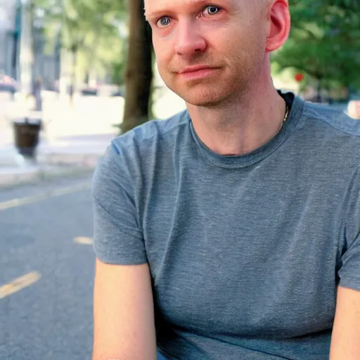 Image similar to color photograph of a 40 year old white Polish skinny man with short, curly, blond hair and very small blue eyes, dressed in a white t shirt, gray shorts and a gray cabby cap, with a small mole to the right of his very thin lips, with a straight nose and blond stubble, with a round face, and an earring in the left ear. He resembles a lion.