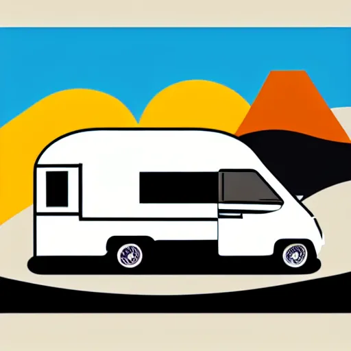 Prompt: very very very minimal vector graphic of a white and black cute thor chateau motorhome camper, color highway, mountains and sunset!!, all enclosed in a circle, white background, happy, professional minimal graphic design cartoon, award winning