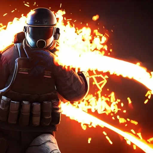 Prompt: Montagne from Rainbow Six Siege standing on a hoverboard leaving behind a trail of flames and explosions