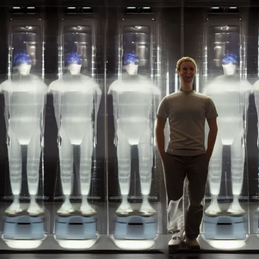 Prompt: mark zuckerberg sitting in front of his clones growing inside a vat of protein fluid. They are inside the cloning med bay of an alien ship. the ceiling and floor glow. from science fiction movie.