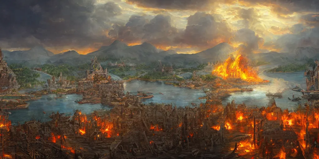 Prompt: a fire aztec city in a one island lake, surrounded by 15th century ships, ultra detailed, high quality,oil painting, artstation award winner, digital painting, 8k, vibrant, ultra detailed water