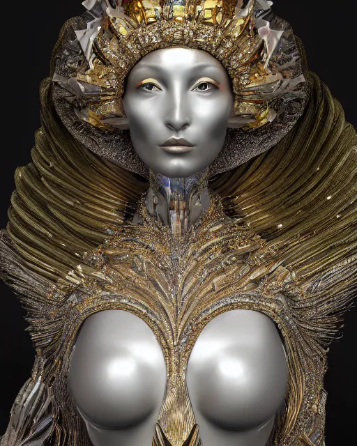 Image similar to a highly detailed metahuman 4 k close up render of an alien goddess bella hadid monument medieval in iris van herpen dress schiaparelli in diamonds crystals swarovski and jewelry iridescent in style of alphonse mucha gustav klimt trending on artstation made in unreal engine 4