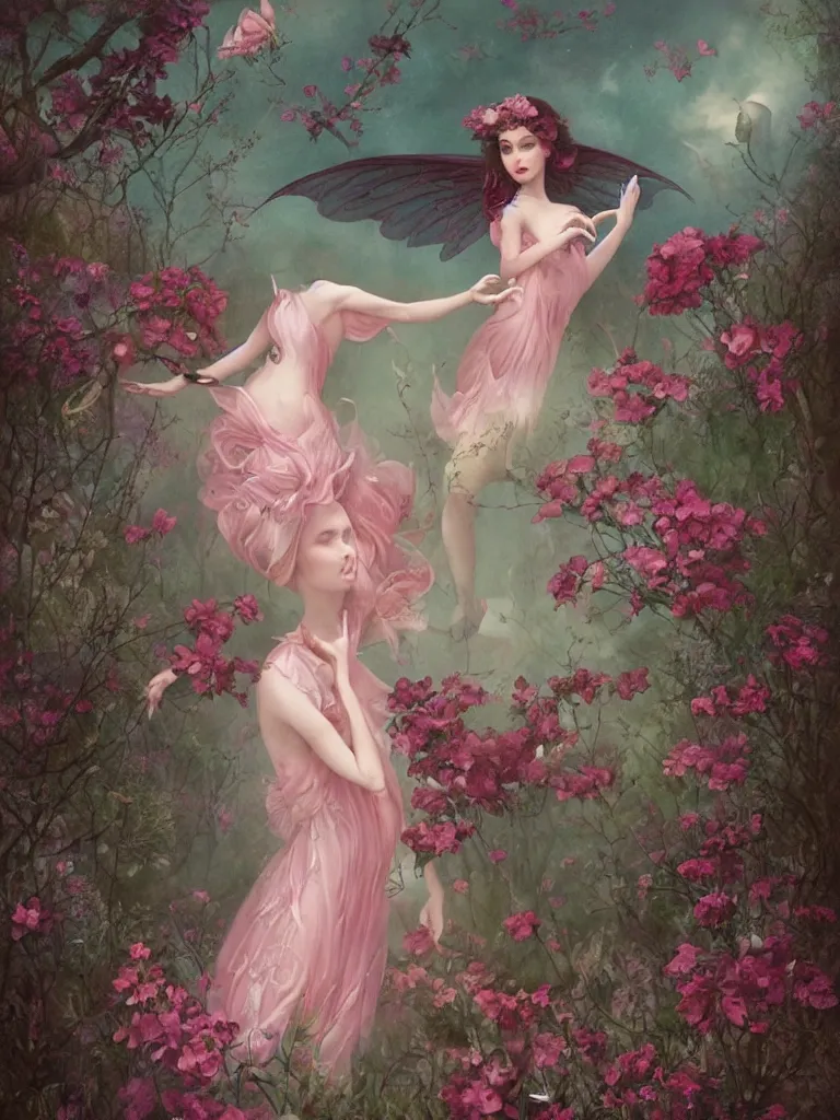 Image similar to one pink fairy with large wings exploring her lonely flower garden by herself in the style of tom bagshaw, extremely detailed, muted colors