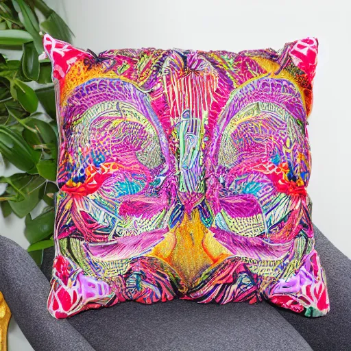 Image similar to a unique and amazing pillow, product shot, intricate, fine detail, full maximalist print, bright colours