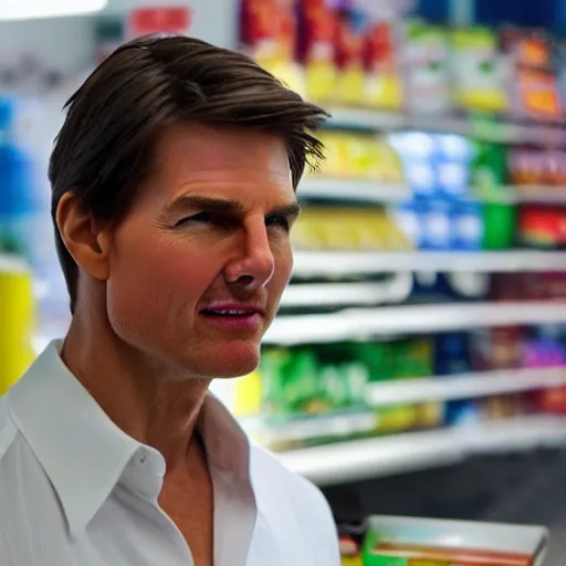 Image similar to Tom Cruise working as a 7/11 cashier, macro, detailed, beautiful lighting