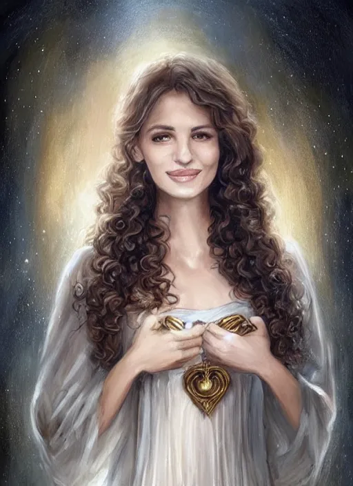 Prompt: beautiful angel woman, brunette smiling , curly hairstyle, looks like Ebru Şahin, Reyyan, looks like Fabiula Nascimento, looks like Laura Barriales, looks like Julia Roberts, D&D, fantasy, intricate, elegant, highly detailed, digital painting, artstation, concept art, character design, smooth, sharp focus, illustration, art by artgerm and greg rutkowski and alphonse mucha