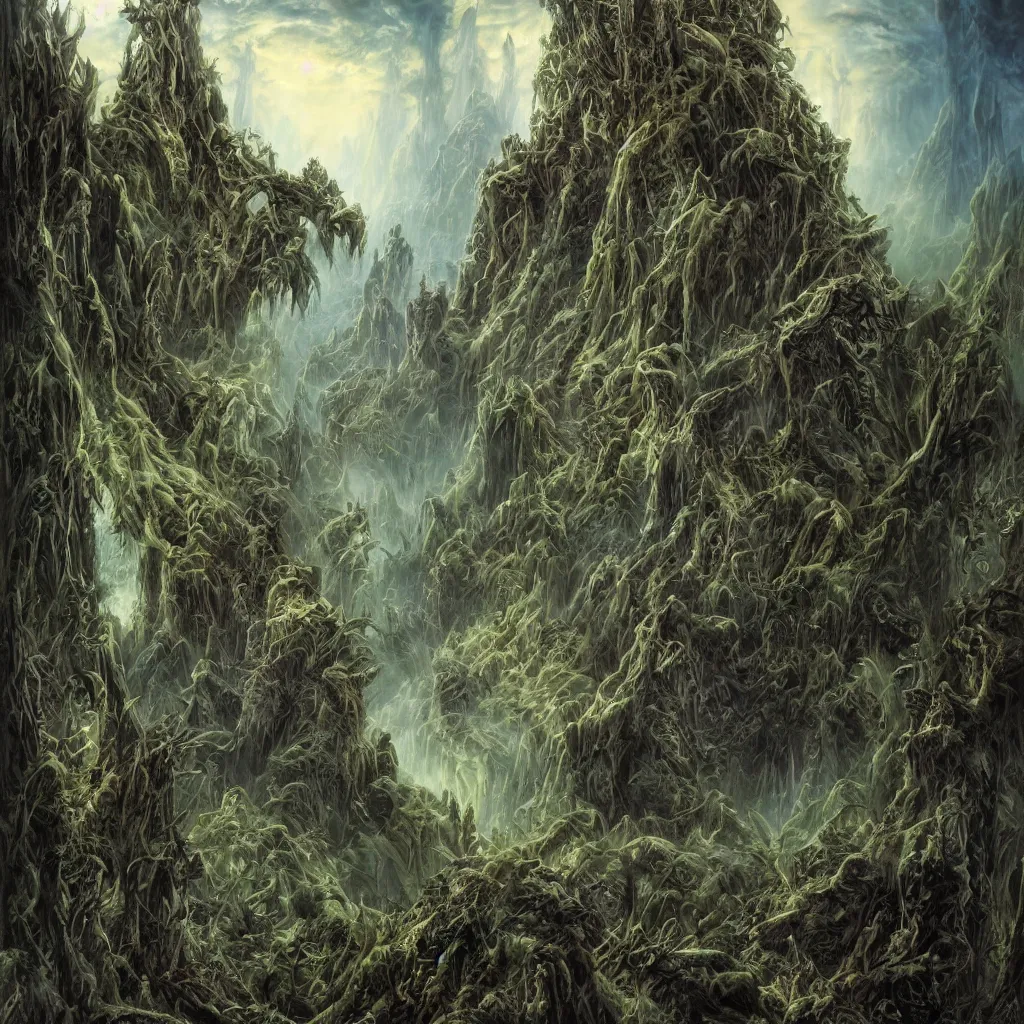 Image similar to cursed evil mountains of malevolence, upward cinematic angle, by rodney matthews, michael kaluta and bill sienkiewicz, ghostly darkness, thick lush woodland atmosphere, stunning composition, roaring monster faces, intricate, elegant, digital art, hyperdetailed, colorful hyperrealism, brilliant photorealism, horror masterpiece, 4k