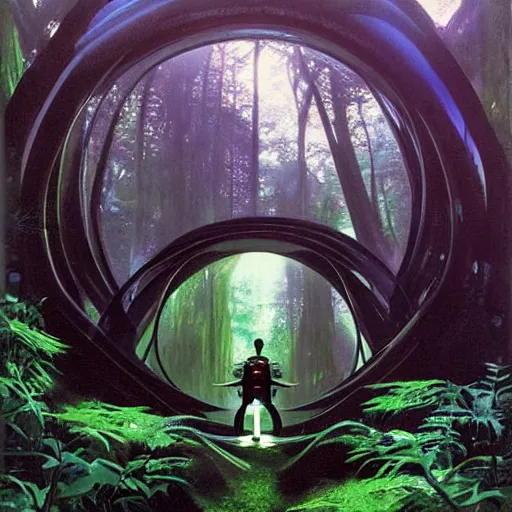 Image similar to portal in a middle of a lush futuristic forest, alien world seen through a portal, person in a cloak standing in front of a portal, syd mead, john harris