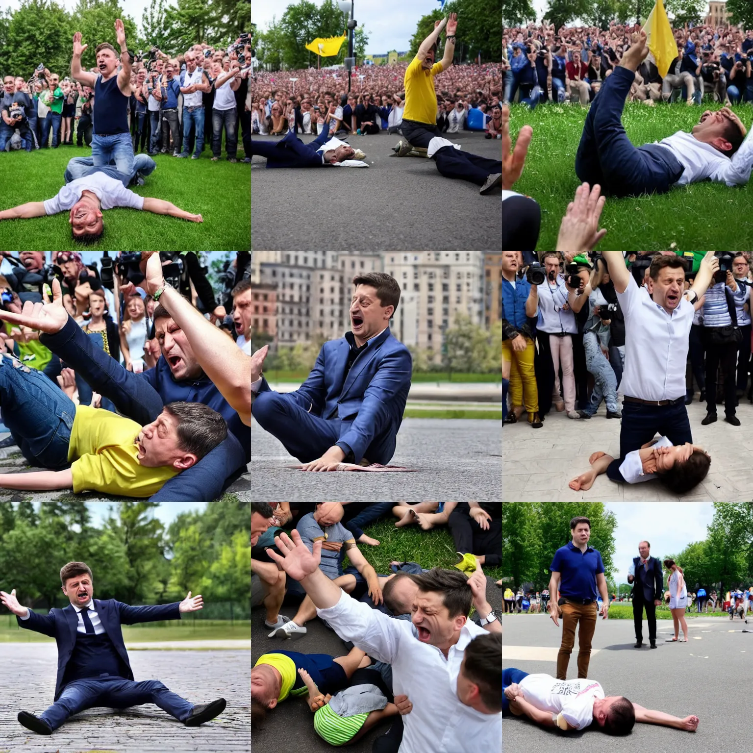 Prompt: Zelensky having a tantrum, lying on the ground, waving his arms and legs, crying and shouting like a frustrated baby