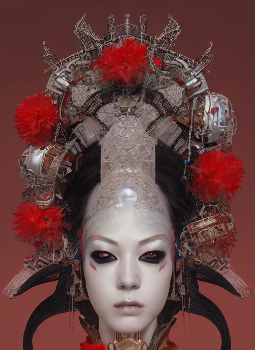 Image similar to portrait of a sensual cyberpunk geisha cyborg with headpiece, imari, modern fine art, fractal, in the style of ghosts in the shell, intricate ornaments, elegant, highly detailed, digital photography, subsurface scattering, by jheronimus bosch and greg rutkowski,