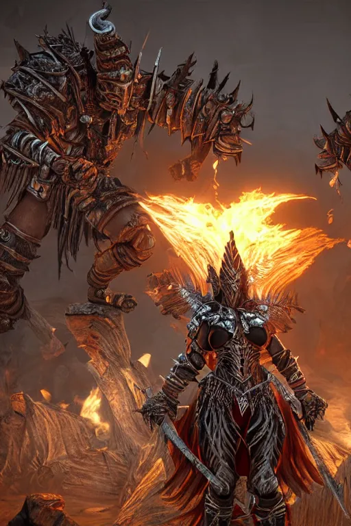 Prompt: beautiful amazonian warrior in demonic armour, diablo 4, ultra detail, upscale, ultra realistic, unreal engine 5