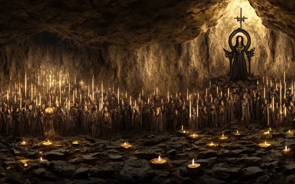 Image similar to dystopian dark chtonian cult gathering in a dark cave with an altar, by night, big statue of hecate, black wax candles, realistic photography, epic composition, sacred place, matte painting, 4 k, trending on artstation 4 k,