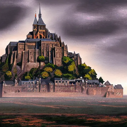 Image similar to landscape of Mont Saint-Michel under attack by dragons, high fantasy, highly detailed digital art