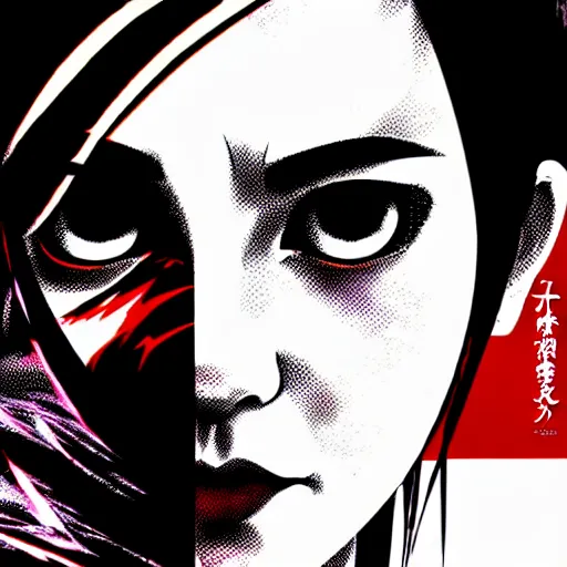 Image similar to a comic book style japanese horror poster of Emma Watson by dan mumford, yusuke murata and junji ito, blood lines, yokai, shinigami, eyes, shurikens, kanji, synthwave, 8k, unreal engine, trending on artstation, pixiv, intricate details, volumetric lighting