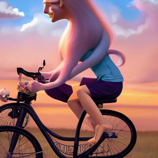 Image similar to Hyper realistic portrait of Joe Biden riding a bicycle made of wonderfully fragrant long flowing hair with Lisa Simpson sitting on the handlebars, Cinematic lighting, ultra super good realistic 3D render by Gerald Brom and James Jean, Trending on Artstation, I can't believe how detailed this is, 8k, post processing, sharp focus.