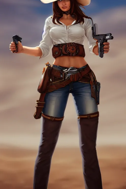 Image similar to full body, female cowgirl, perfect face, white blouse, empty gun holster, 8 k, magic the gathering, desert, d & d, artstation, high detail, smooth, muscular