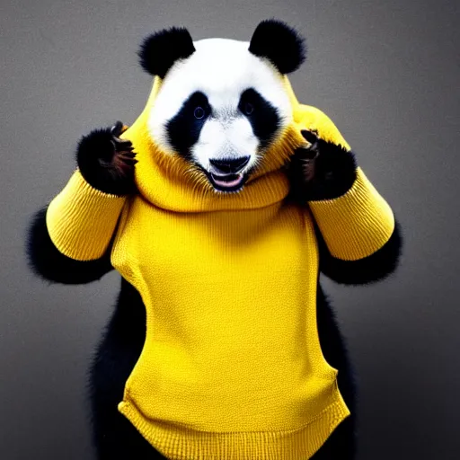 Image similar to happy panda wearing a yellow turtleneck, studio, portrait, facing camera, studio, dark bg