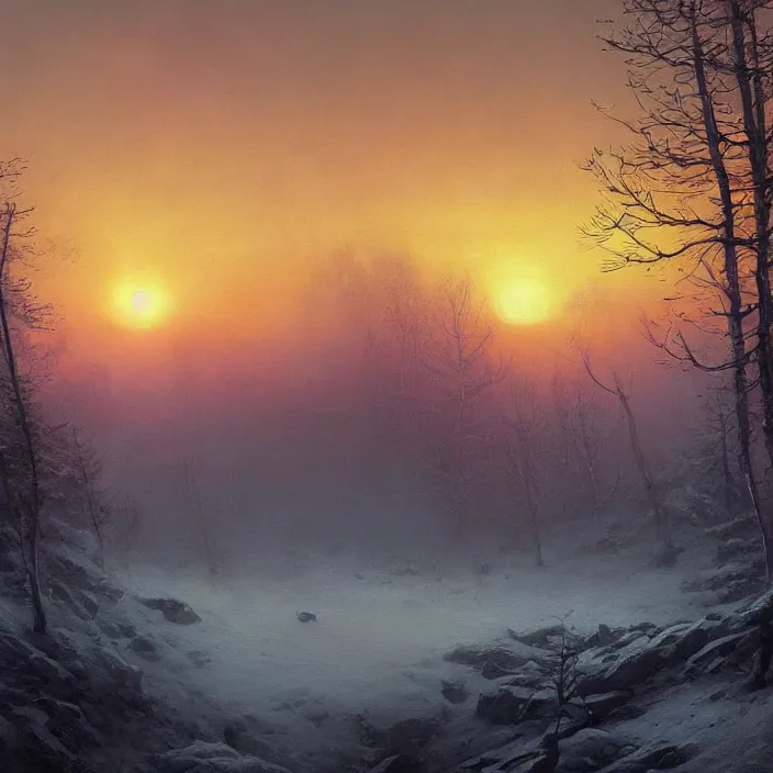 Image similar to a beautiful painting of winter chernobyl sunset by ivan aivazovsky and zdzisław beksinski and simon stalenhag and greg rutkowski and james gurney, in style of digital art. hyper detailed, sharp focus, soft light. octane render. maya. ray tracing. trending on artstation