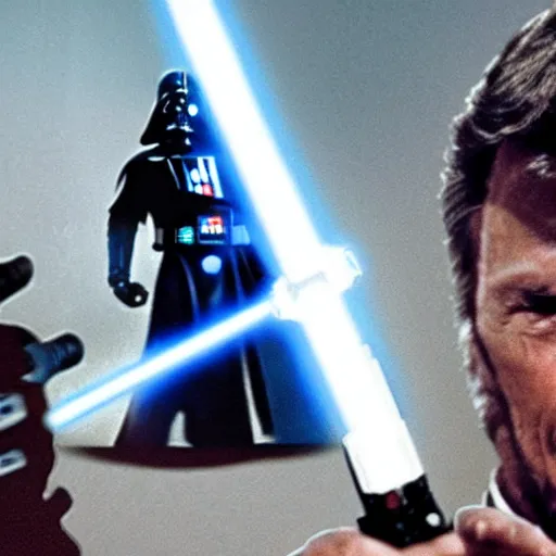 Image similar to clint eastwood holding blue lightsaber in star wars episode 3, 8k resolution, full HD, cinematic lighting, award winning, anatomically correct