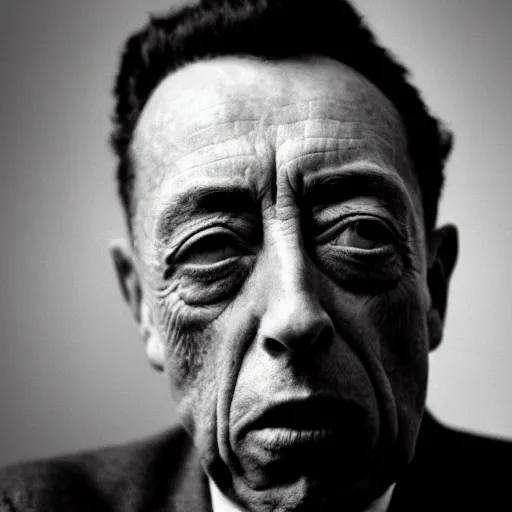 Image similar to 8k black and white photograph portrait of Albert Camus sticking his tongue out. National Geographic.