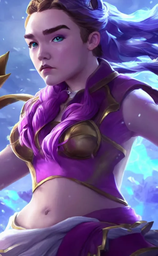 Image similar to Florence Pugh as a character in the game League of Legends, with a background based on the game League of Legends, detailed face, old 3d graphics