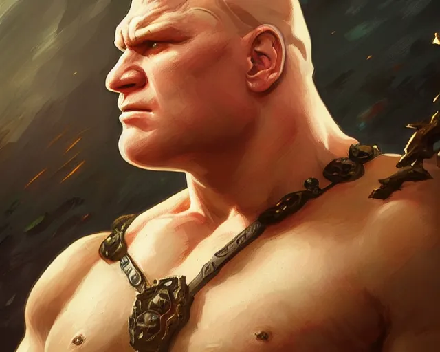 Prompt: close up of brock lesnar, deep focus, d & d, fantasy, intricate, elegant, highly detailed, digital painting, artstation, concept art, matte, sharp focus, illustration, hearthstone, art by artgerm and greg rutkowski and alphonse mucha