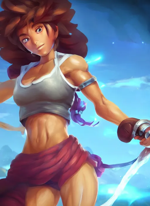 Image similar to fitness taliyah, from league of legends, superb cosplay, au naturel, jungling, exhibant, in shape, hyper detailed, digital art, trending in artstation, cinematic lighting, studio quality, smooth render, unreal engine 5 rendered, octane rendered, art style by klimt and nixeu and ian sprigger and wlop and krenz cushart