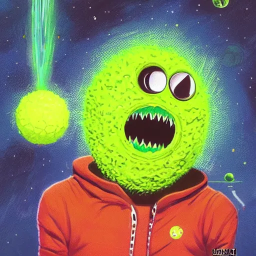 Prompt: a tennis ball monster in space , digital art, fantasy, magic, trending on artstation, ultra detailed, professional illustration by Basil Gogos