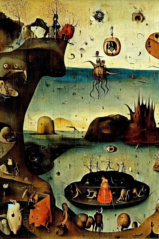 Image similar to a beautiful landscape with weird creatures by hieronymus bosch and dali