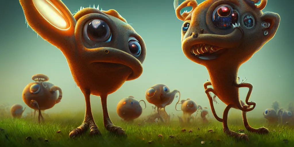 Prompt: of an intricate hazy savanna with strange enormous cute creatures with long tongues, big eyes and huge noses appearing from the ground, in the style of craola, macro lens, shallow depth of field, highly detailed, digital painting, trending artstation, concept art, illustration, cinematic lighting, vibrant colors, photorealism, epic, octane render