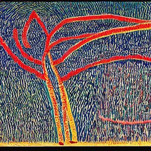 Image similar to A beautiful land art. It has no visible auditory organs, just eyes, human eyes, hundreds of them, in the ends of stalks that radiate from its body like some exotic fruit. by Mikhail Larionov, by Cildo Meireles a e s t h e t i c