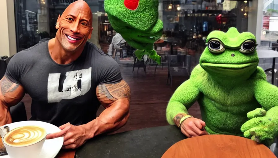 Image similar to dwayne johnson and a giant pepe the frog sitting in a coffee shop, having breakfast, pepethefrog, pepe, frog, toad, realistic, award winning photography, 8 k,