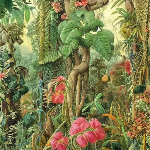 Prompt: jungle scene, leaves, vines, flowers, intricate details, volumetric lighting, vivid colors, panorama, Artwork by Ernst Haeckel + Maria Sibylla Merian