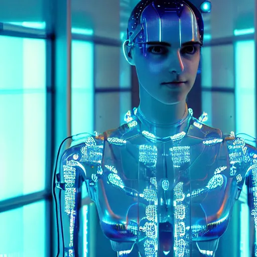 Prompt: cyberpunk humanoid robot mermaid from ex machina, neon blue glass forehead, transparent, see - through, gears and lights, cinematography by federico fellini, intricate, elegant, perfect symmetry