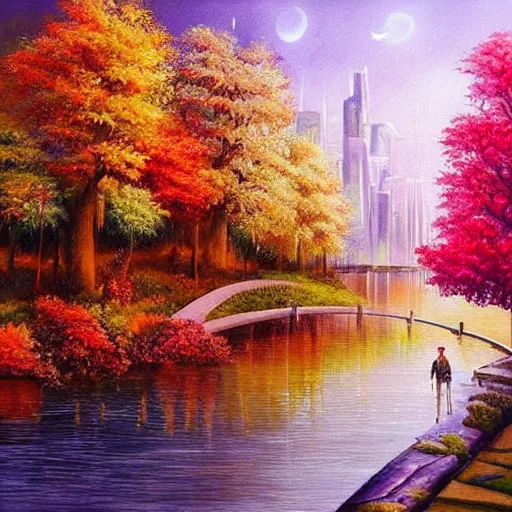 Image similar to Beautiful city of the future in harmony with nature. Nice colour scheme, soft warm colour. Beautiful detailed painting by Lurid. (2022)