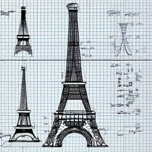 Prompt: rejected design sketches for the eiffel tower blueprint technical drawing laid out on a grid