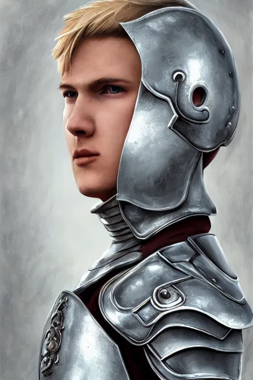 Image similar to a blonde male teenager wearing a silver plate armor, digital painting, digital art, oil painting, masterpiece, realistic and detailed face, profile picture, realistic, highly detailed, high quality, symmetrical, low contrast, trending on deviantart, soft colors, soft lighting, face portrait, beautiful, elegant, castle in the background, bokeh, oil painting