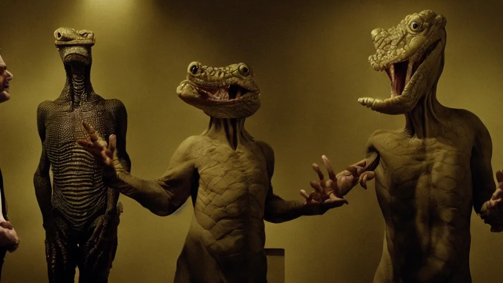 Image similar to a man talking to a reptilian humanoid, reptile, reptilian, movie still, cinematic composition, cinematic light, criterion collection, reimagined by industrial light and magic, Movie by David Lynch and Ridley Scott