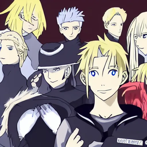 Image similar to young blonde boy fantasy thief in a tavern surrounded by a diverse group of friends, full metal alchemist, anime style